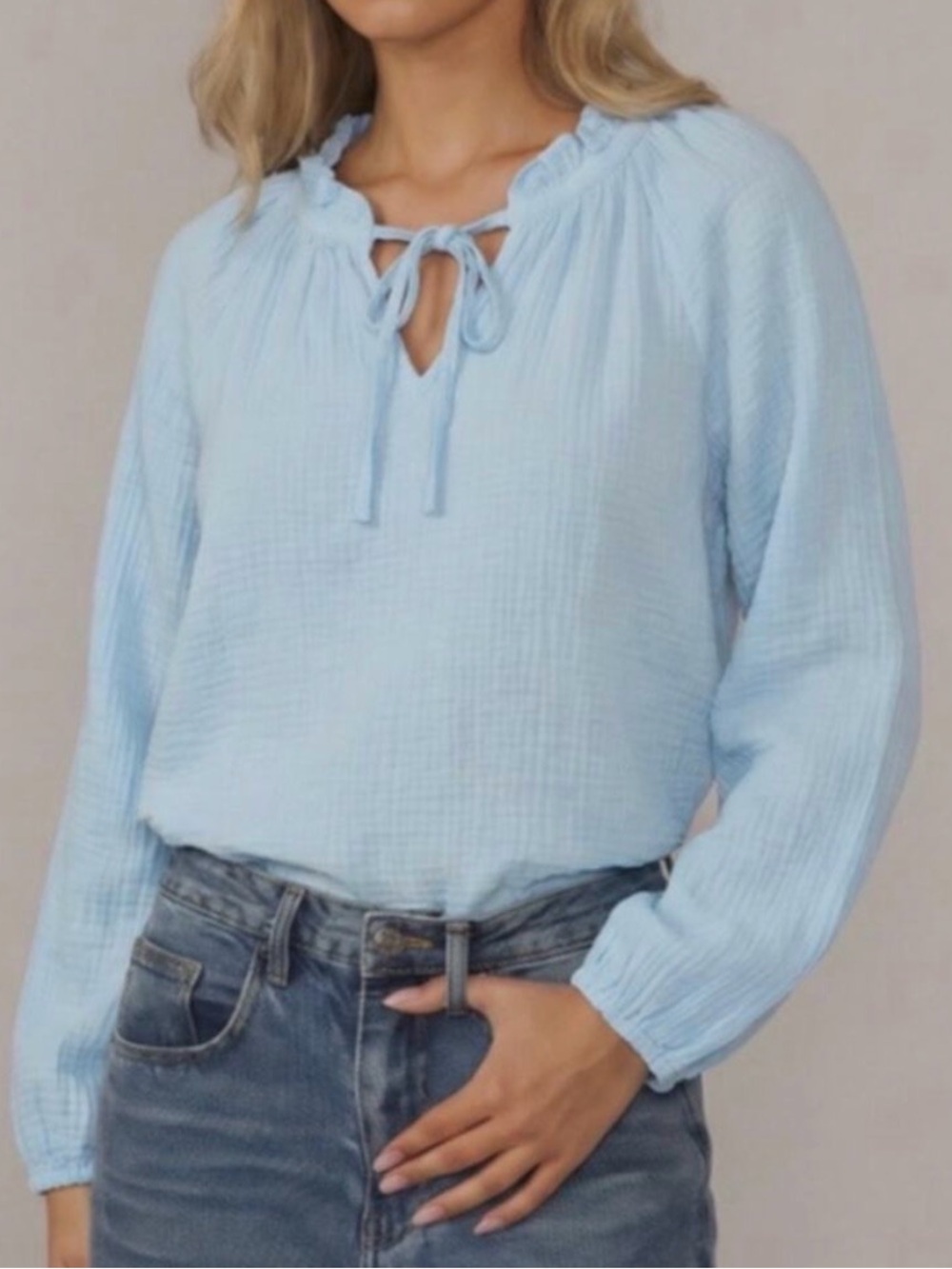 J.Crew Light Blue Cotton Gauze Ruffle Tie-Neck Peasant Blouse - Size Small